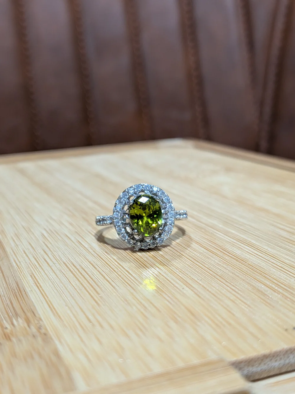 Olive Green Oval Halo Gemstone Ring in Sterling Silver